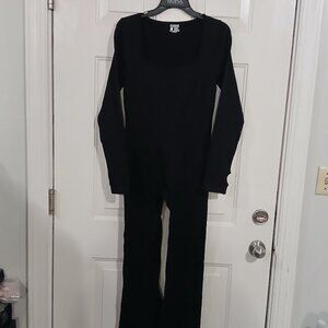 OQQ Women Ribbed Jumpsuit Black Square Neck Long Sleeve Yoga Bodysuit XL